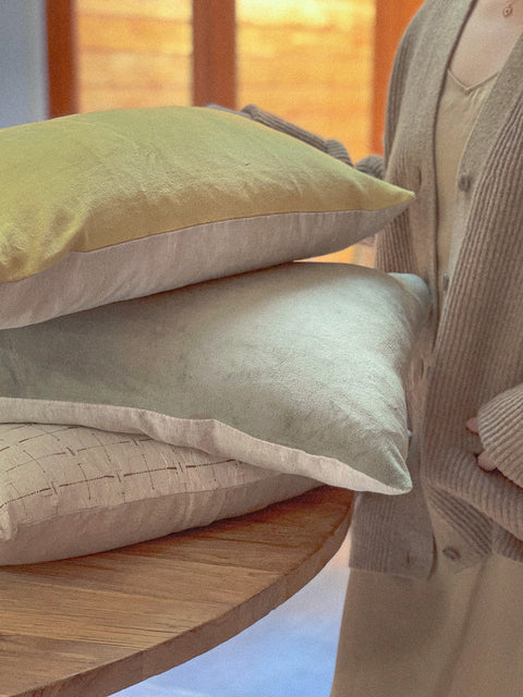 Velvet & French Linen Feather Filled Cushion Lumbar - Moss Green