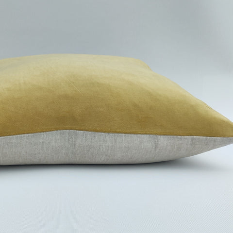 Velvet & French Linen Feather Filled Cushion Lumbar - Lemon Yellow