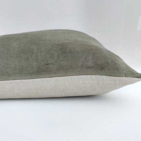 Velvet & French Linen Feather Filled Cushion Lumbar - Moss Green