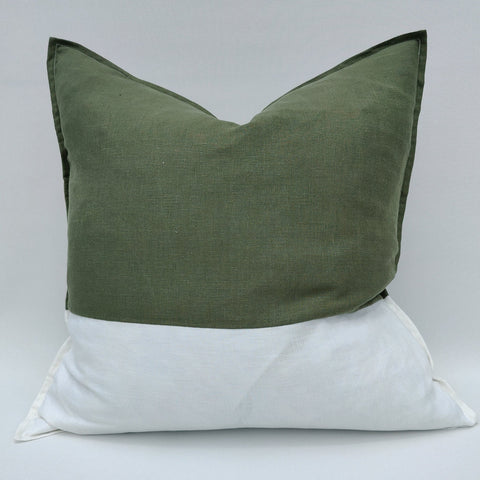 Nantes 100% Pure French Linen Cushion - Army Green & White